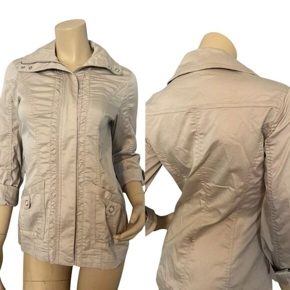 WHBM Womens Cream Lightweight  Jacket 2 Ruched Cotton Zip Neutral Feminine - Picture 1 of 12